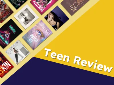 A yellow and navy graphic featuring the covers of the recent books, movie, and albums. The graphic has a title that says "Teen Review".