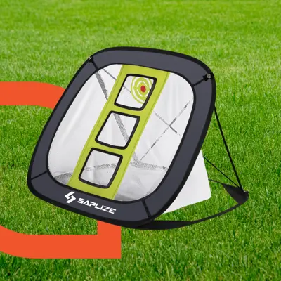 A golf chipping net on a grass background.